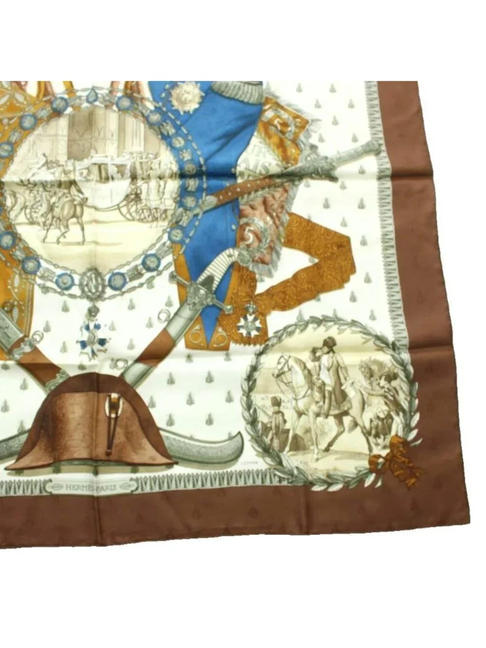 Hermes Carre 90 Napoleon Scarf Large All Over Print Brown White